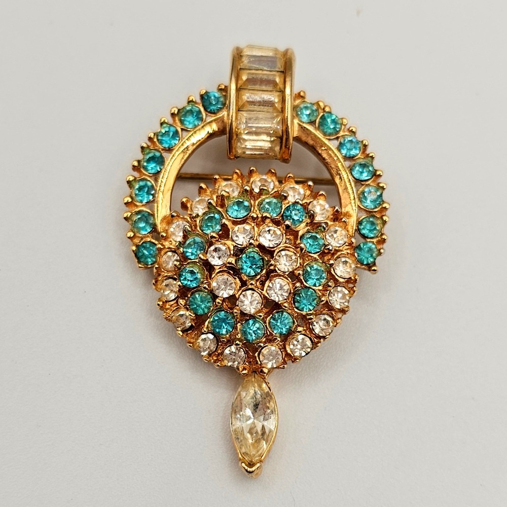 Vtg Rhinestone Brooch Teardrop Dangle Pendant Gold Tone Mid Century Aqua Glass